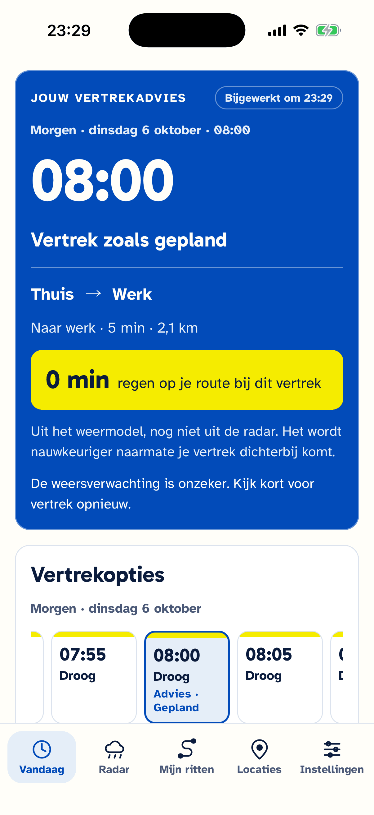 Actueel Plens-vertrekadvies: vertrek om 08:00 zoals gepland, nul minuten regen op de route, met de droge vertrekopties eromheen.