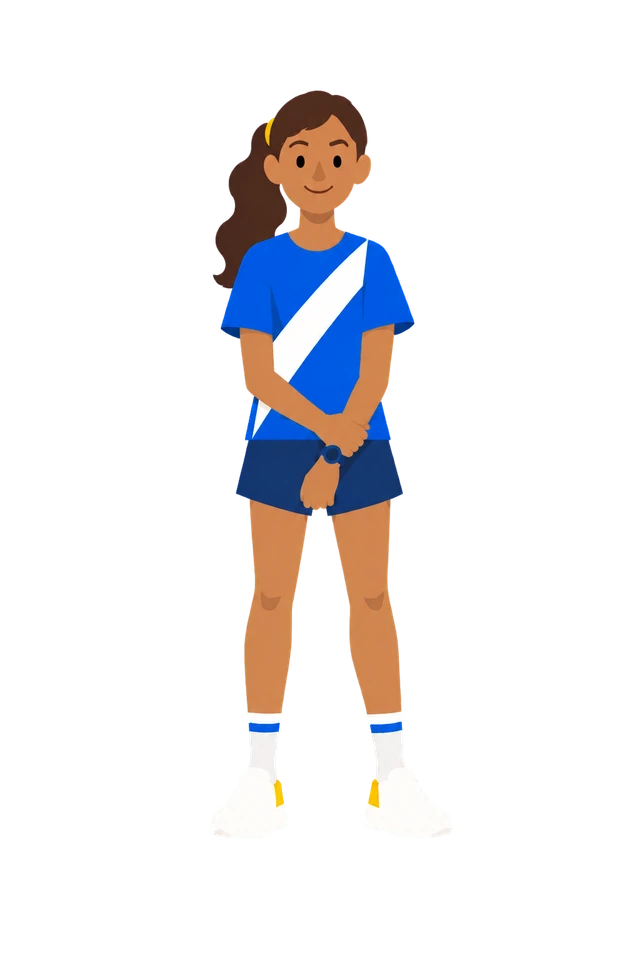 Siënna kijkt je aan, volledig in beeld, met haar handen bij elkaar en een witte baan tot aan de zoom van haar blauwe shirt.