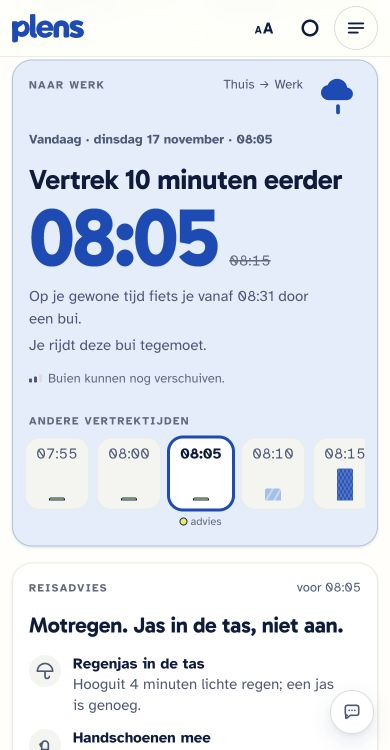 Echt Plens-vertrekadvies: vertrek tien minuten eerder, om 08:05. Andere vertrektijden tonen hoeveel regen je onderweg tegenkomt.