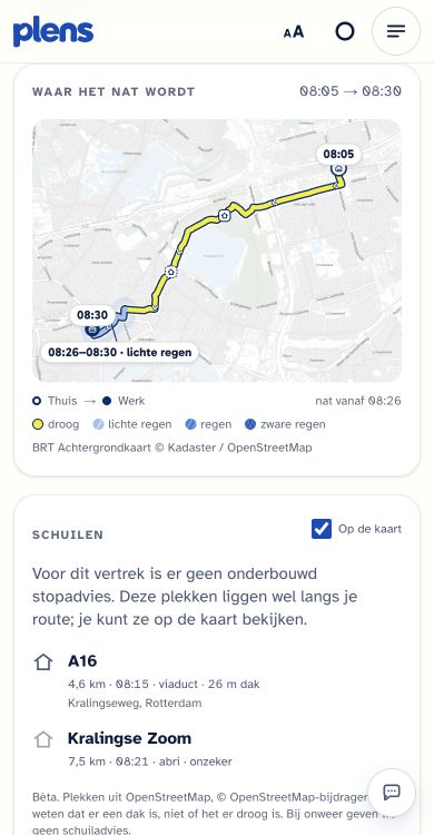 Op de kaart zie je welk deel van de rit nat wordt en op welk tijdstip.